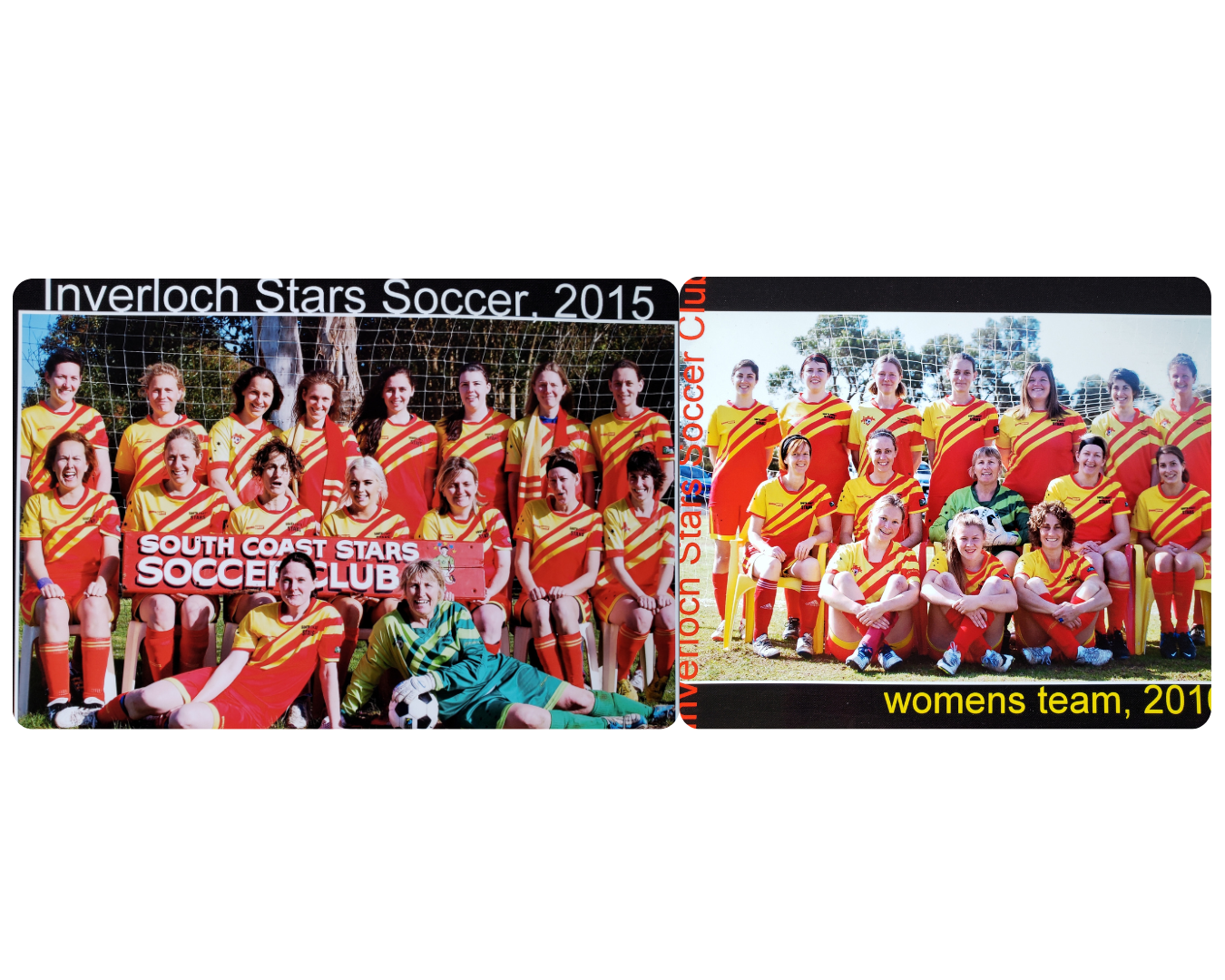 Group of female soccer players in yellow and red uniforms, posing for a team photo on a soccer field with nets in background, with a sign reading 'South Coast Stars Soccer Club,' taken in 2015.