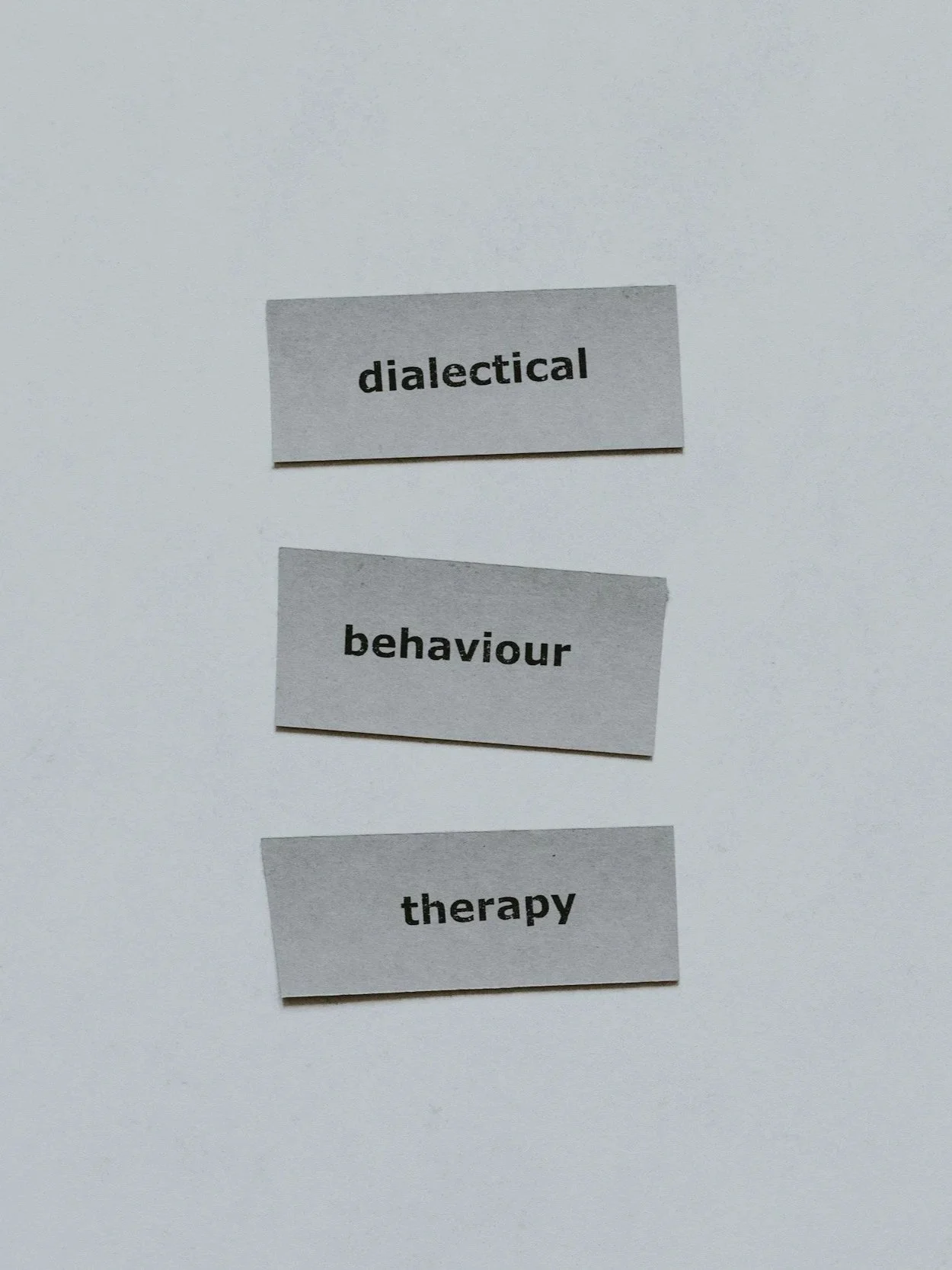 Three pieces of paper with the words "dialectical," "behaviour," and "therapy" written on them, arranged vertically on a white background.