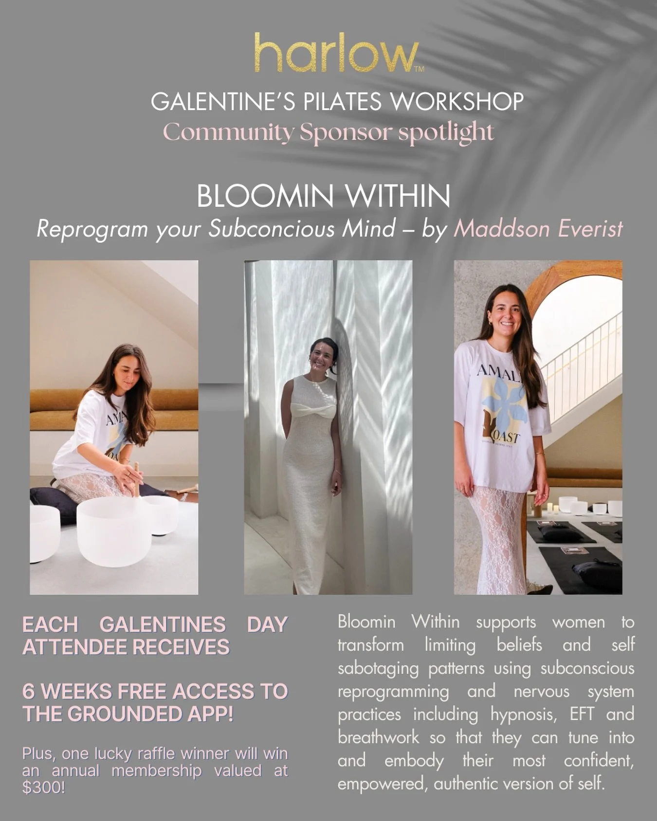 Community Sponsor Spotlight ✨

For our Galentine&rsquo;s Pilates Workshop we are partnering with beautiful local businesses who align with our values of connection care and embodiment.

We are so grateful to have Bloomin Within @bloominwithin_ suppor