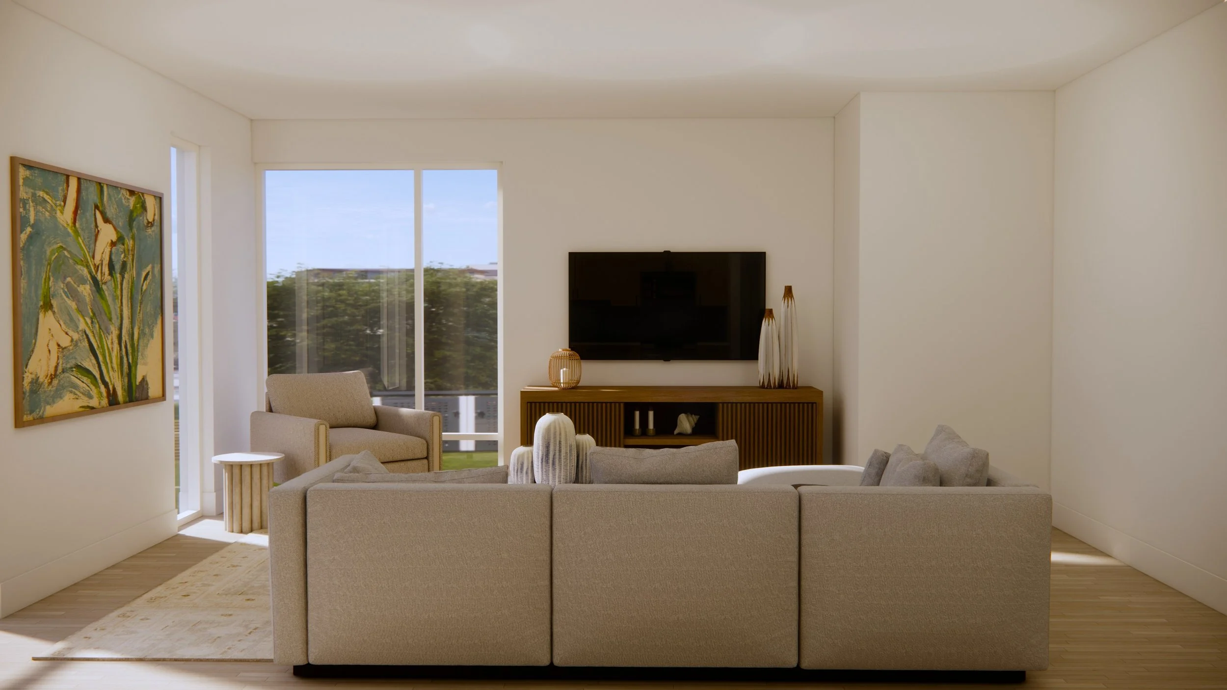 Living room with beige sofa, armchair, artwork on the wall, and a flat-screen TV on a wooden console, large glass sliding doors showing an outdoor view.