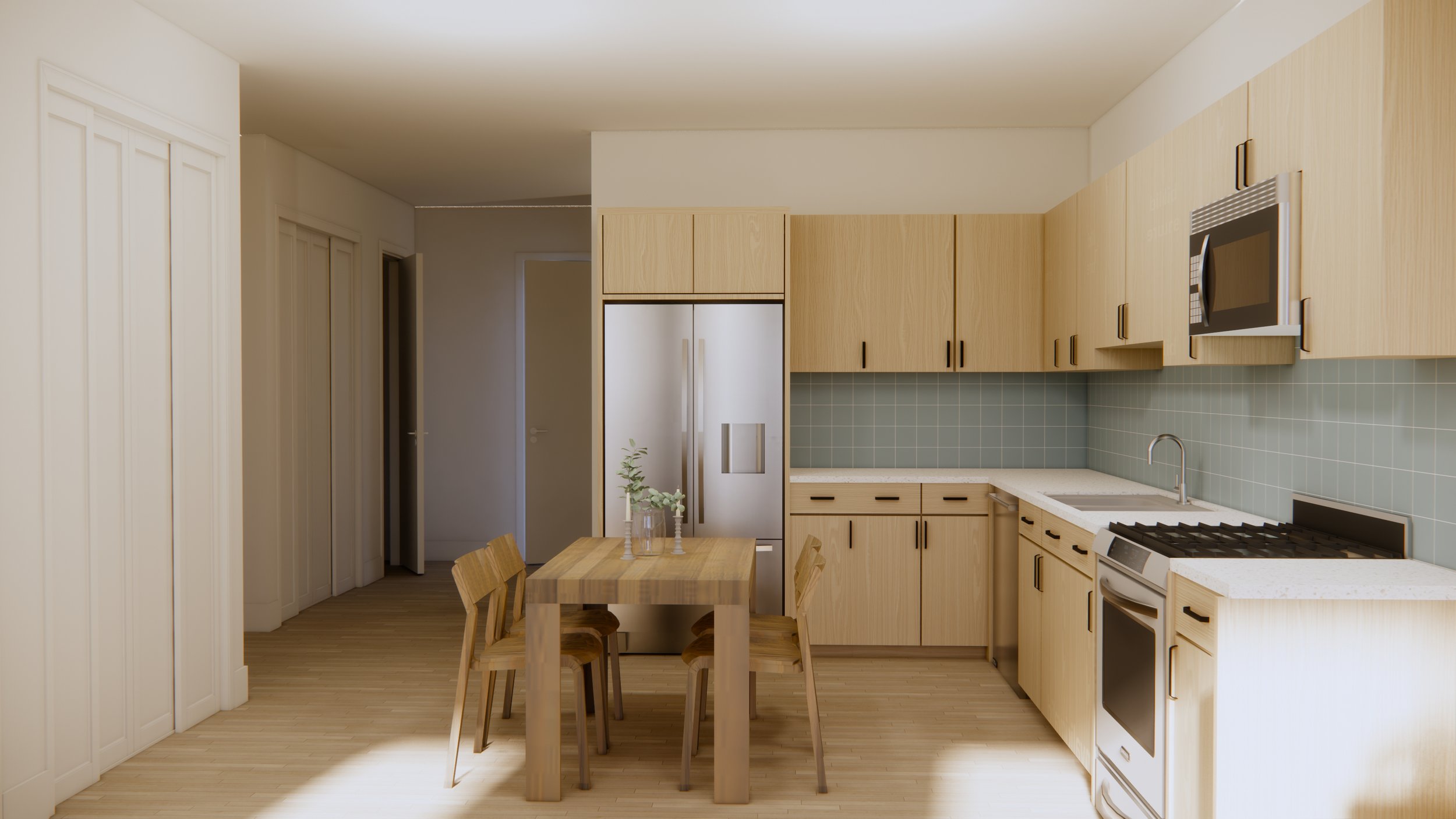 Modern kitchen with light wood cabinets, a dining table with four chairs, stainless steel refrigerator, stove, microwave, and a sink under a light green tile backsplash.