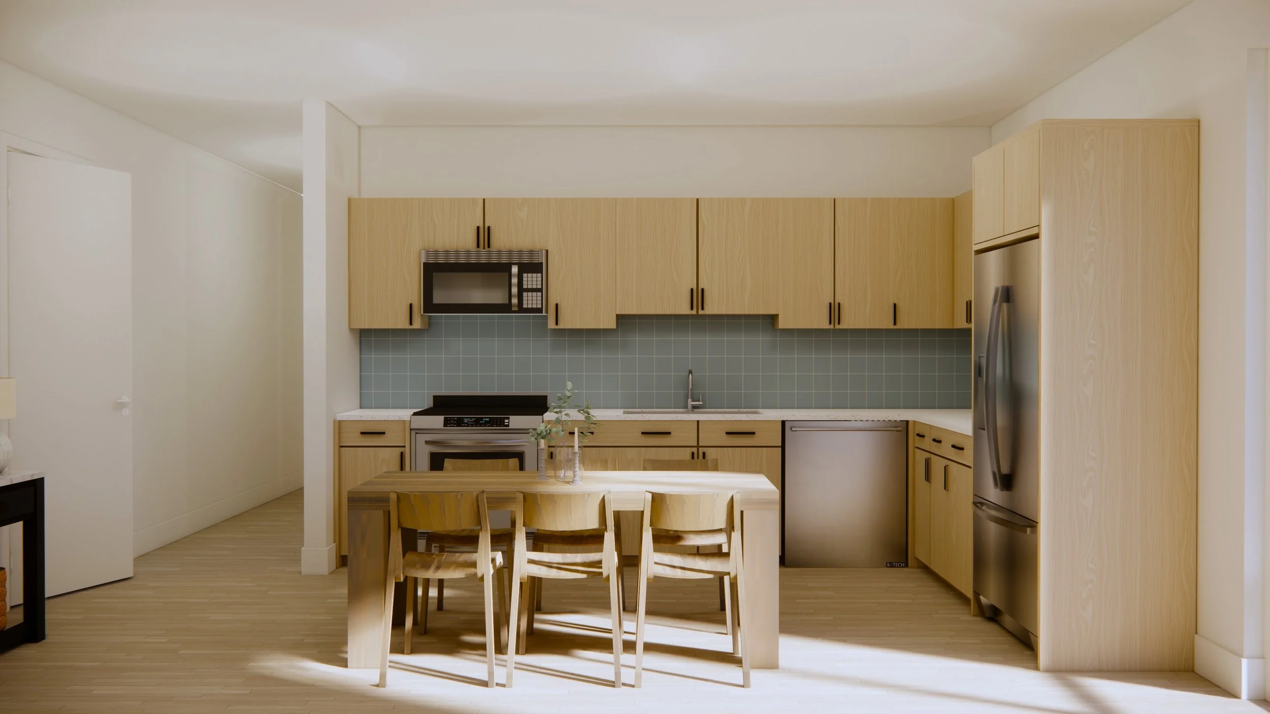 A modern kitchen with light wood cabinets, a gray backsplash, stainless steel appliances including a microwave, oven, dishwasher, and refrigerator, and a small wooden dining table with four chairs.