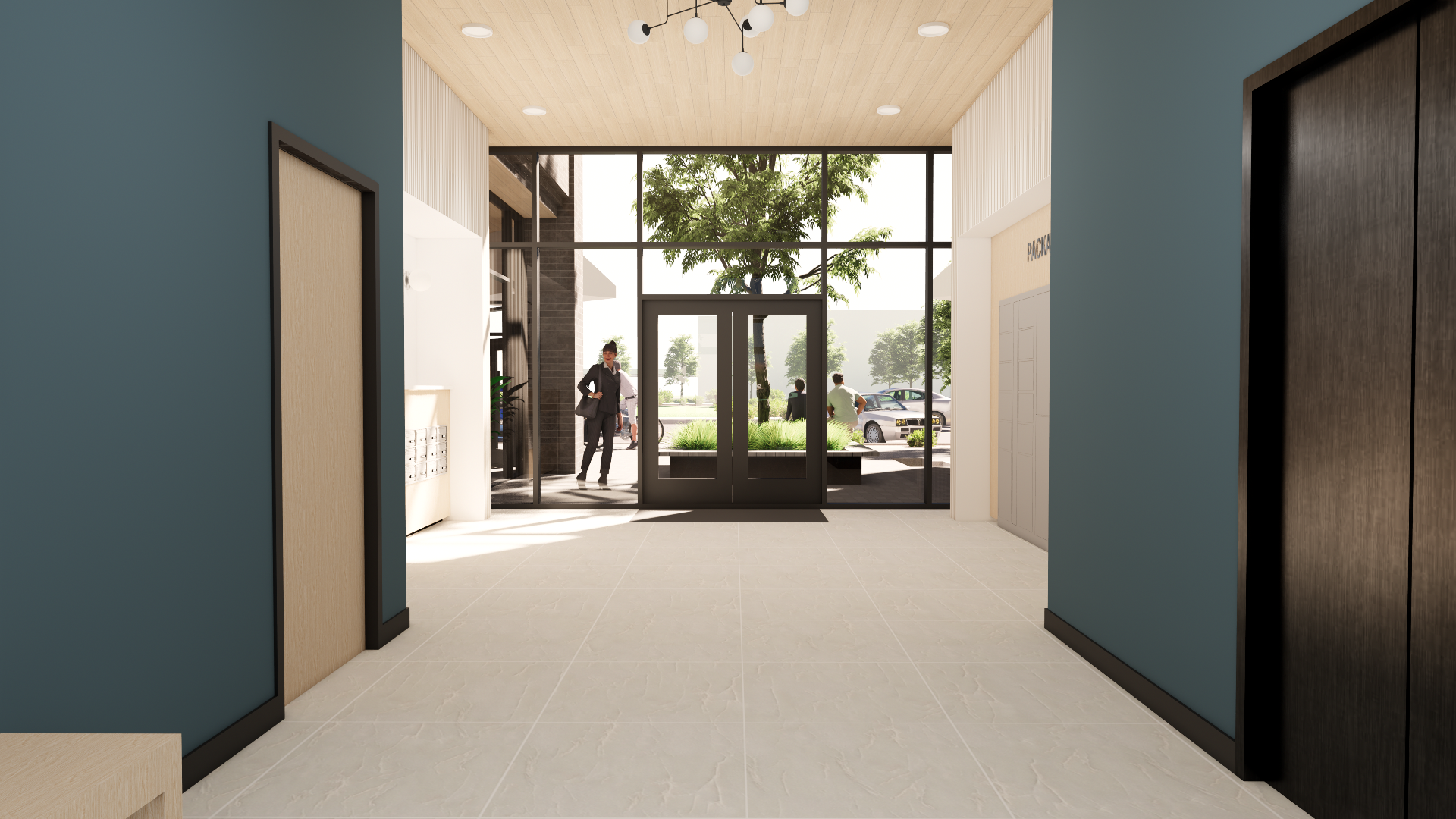 The image shows the interior of a modern building with glass doors leading outside to a parking lot. Inside, there are blue and white walls, light-colored tiled floors, and a ceiling with a modern chandelier. Outside, there are people and parked cars