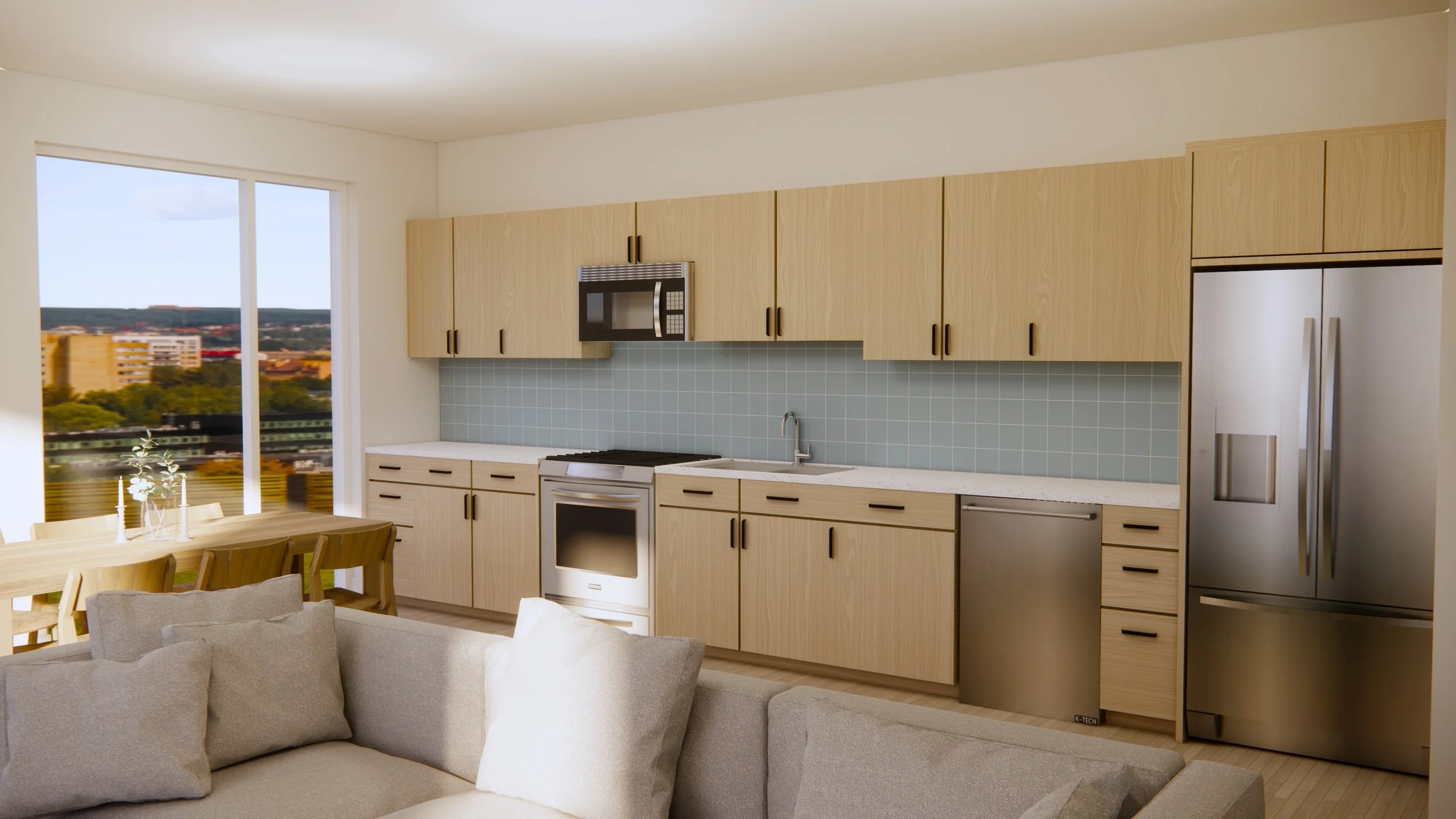 Modern open-concept kitchen with light wood cabinets, stainless steel appliances, and a view of a cityscape through large windows.