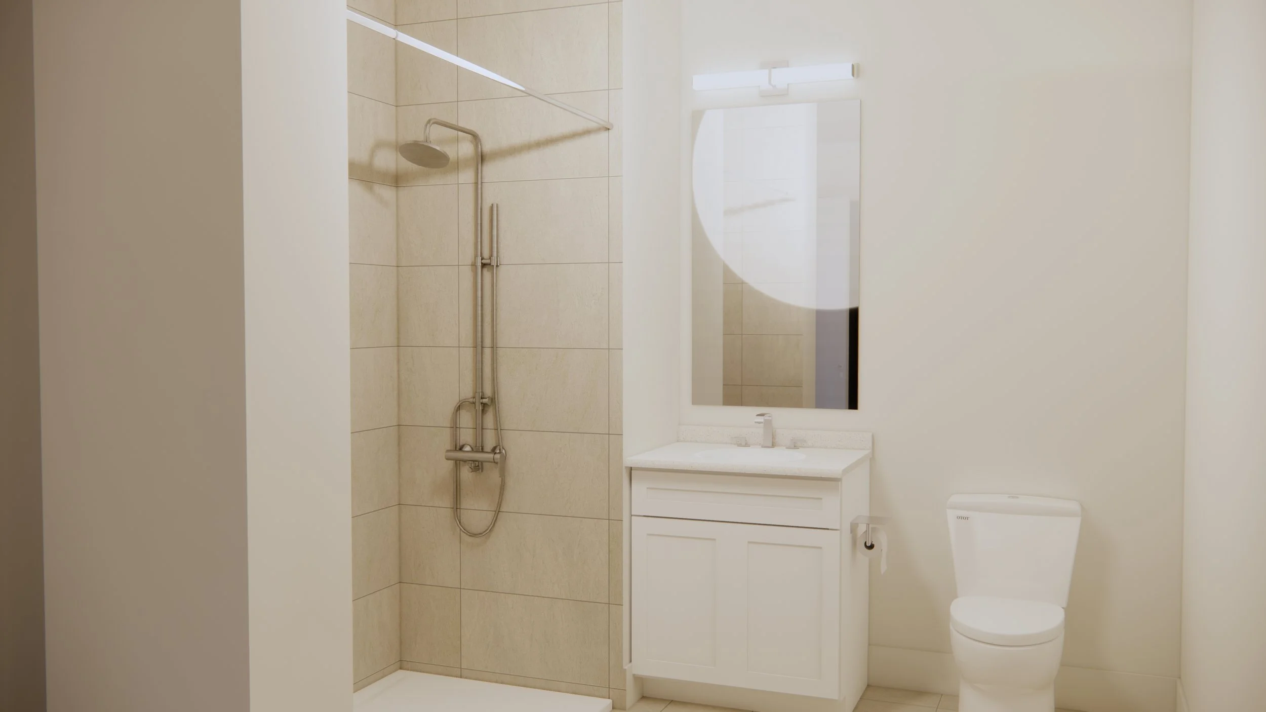 Modern bathroom with a walk-in shower, white vanity with a mirror, and a toilet on a beige tile floor.