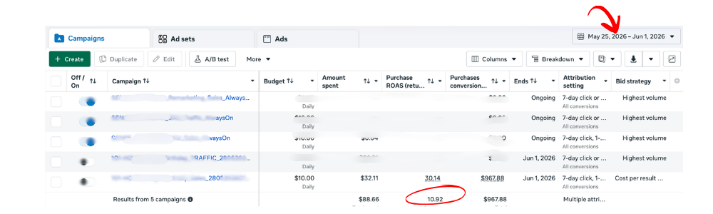 Screenshot of an online advertising campaign dashboard showing campaign details, budget, spend, ROAS, and performance metrics from May 25, 2026, to June 1, 2026.