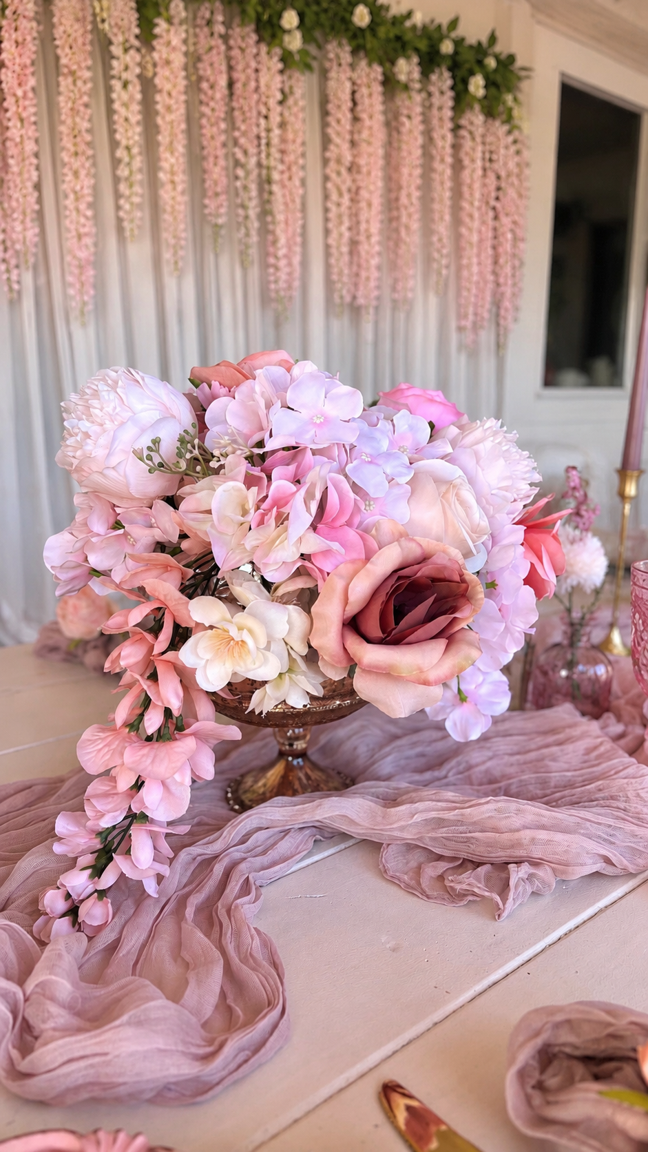 Luxury pink floral centerpiece designed by Marie Events for an elegant baby shower in Las Vegas.