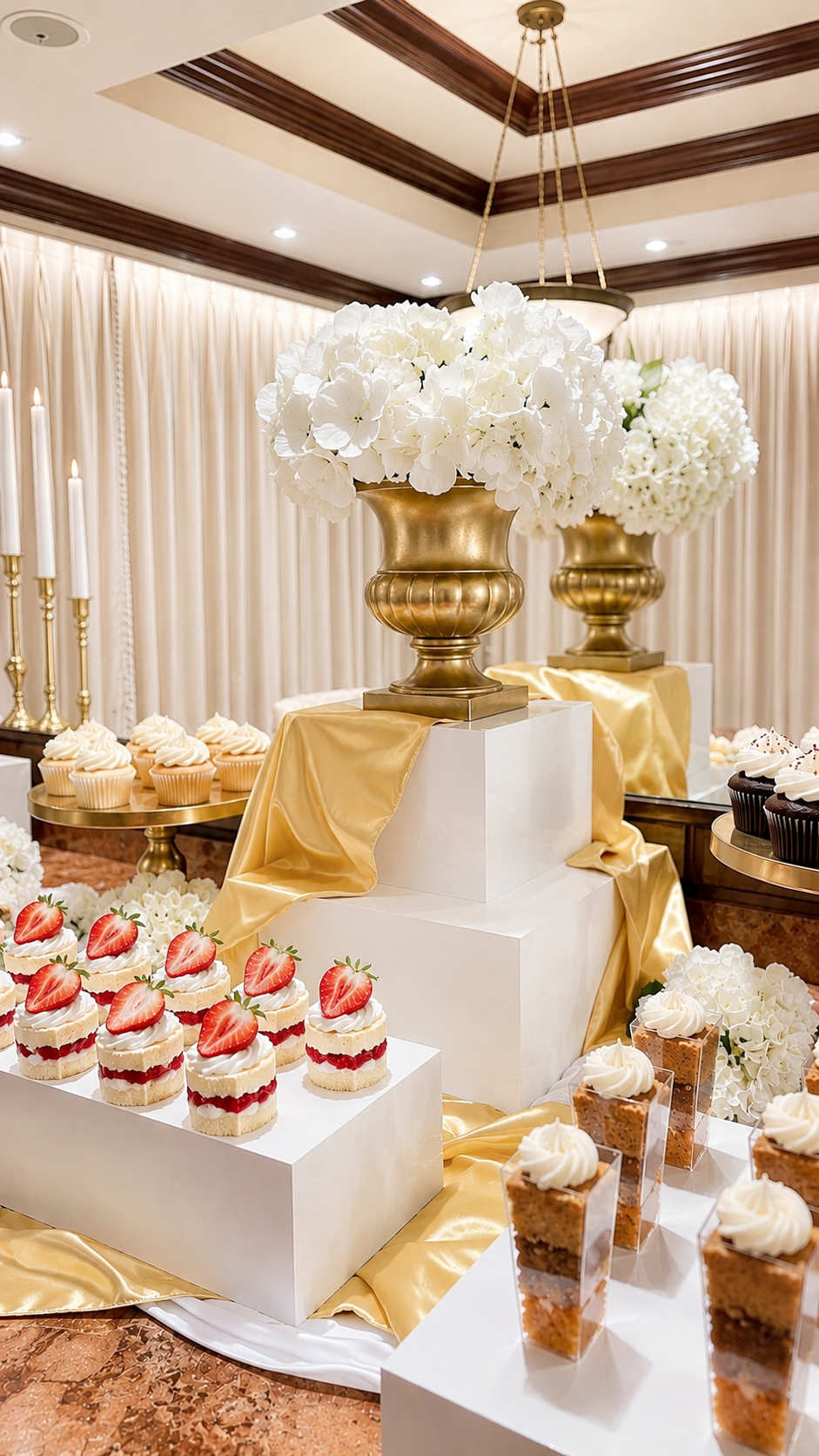 Luxury wedding dessert table with elegant floral arrangements and candle décor designed by Marie Events in Las Vegas.