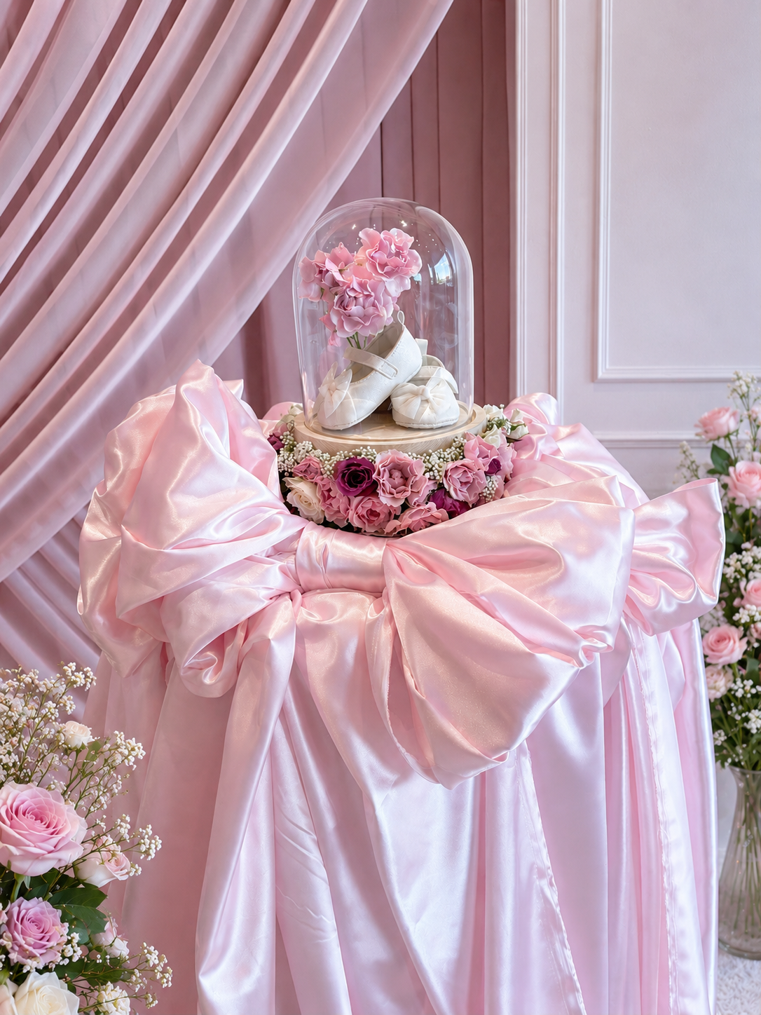 Elegant pink floral baby shower display designed by Marie Events for a luxury celebration in Las Vegas.