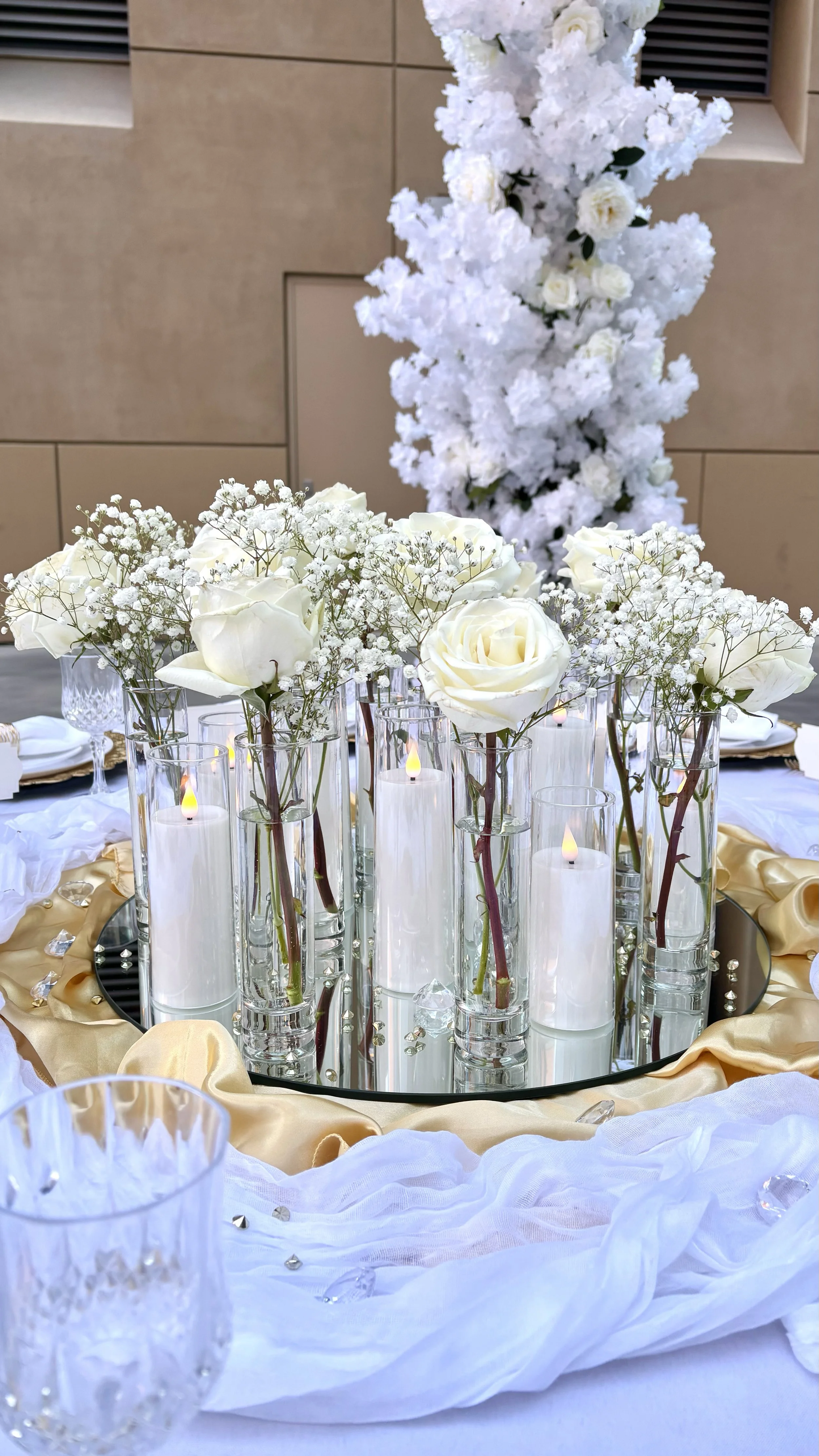 Luxury white floral centerpiece designed by Marie Events for an elegant event in Las Vegas.