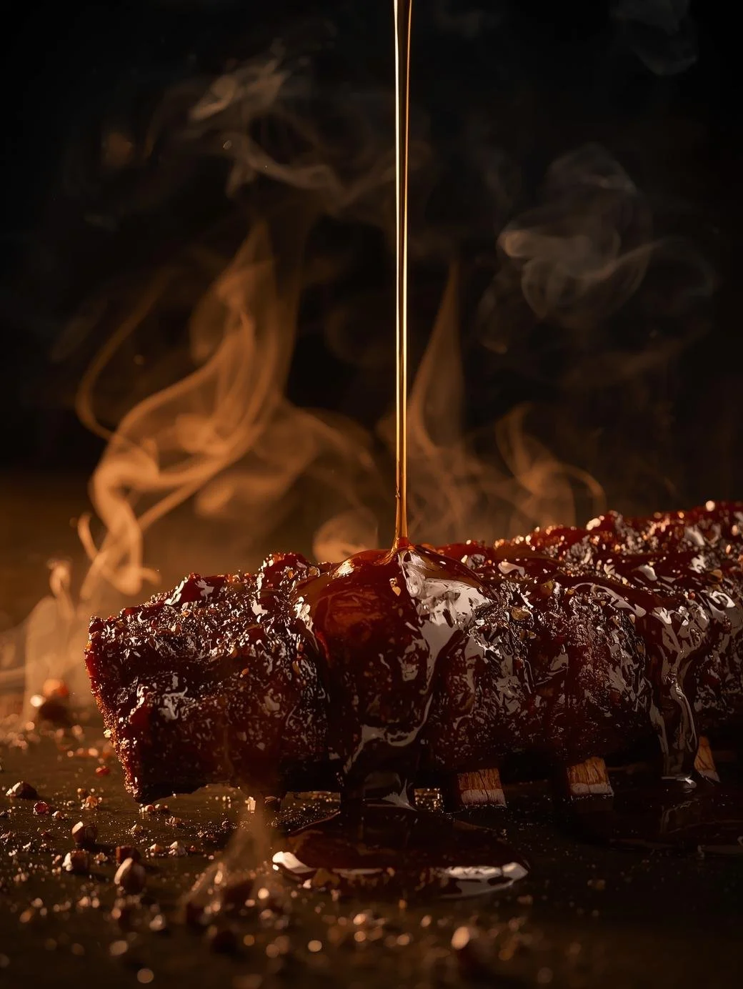 Pouring thick, glossy chocolate sauce over a cooked meat skewer, with wisps of steam rising in a dark background.