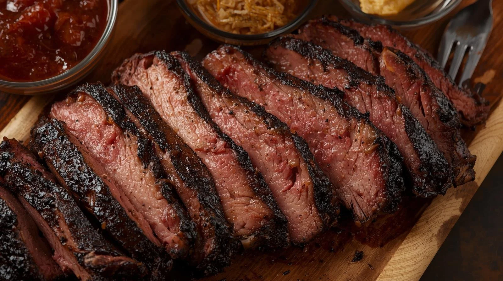 Sliced grilled steak on a wooden serving board with side bowls of barbecue sauce and onion or mushroom topping.