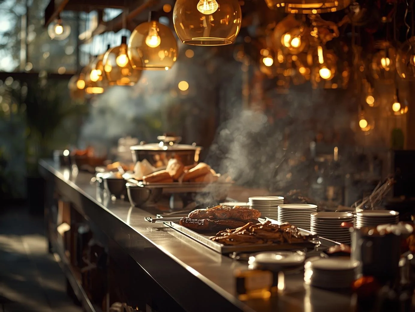 A buffet table with various cooked foods and stacks of plates, lit by warm hanging lights, in a cozy restaurant setting.