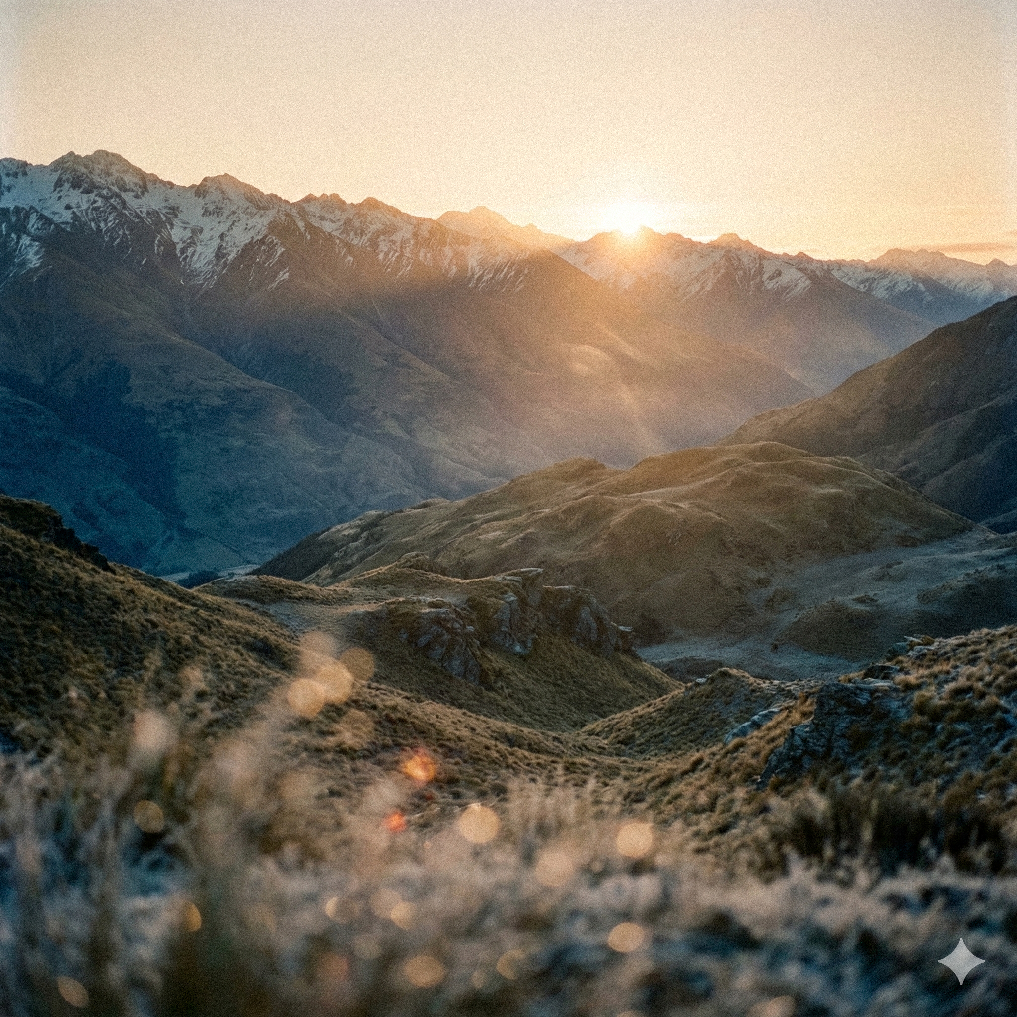 Sunset over mountainous landscape with rugged hills and snow-capped peaks in the distance.