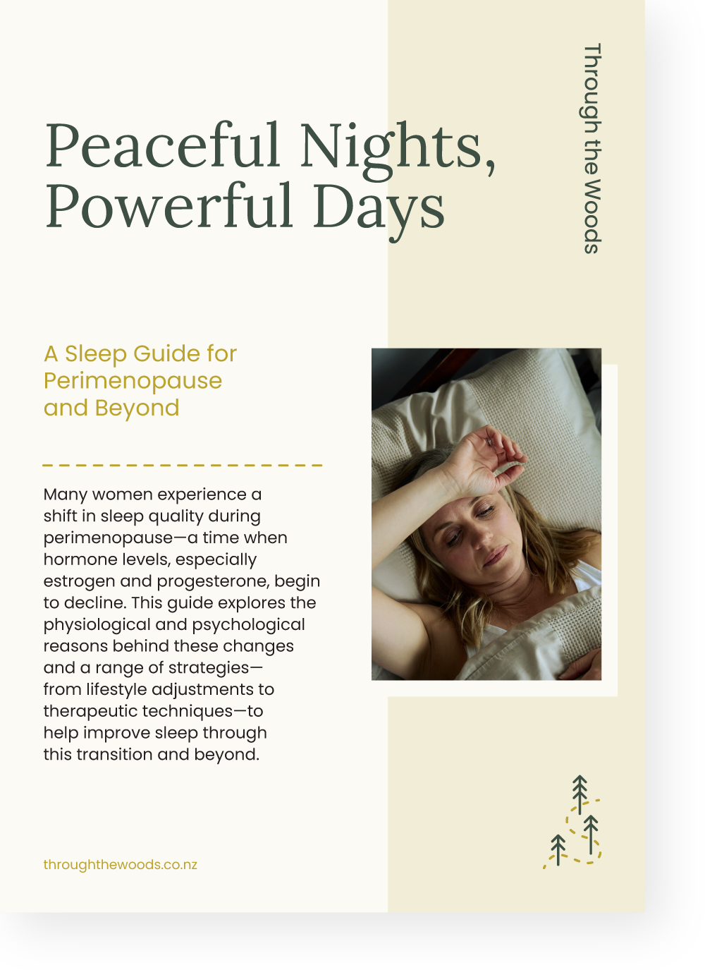 Cover page of a guide titled "Peaceful Nights, Powerful Days: Through the Woods. A Sleep Guide for Perimenopause and Beyond."