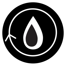 A black and white icon of a water droplet inside a circle with an arrow pointing clockwise around the circle.