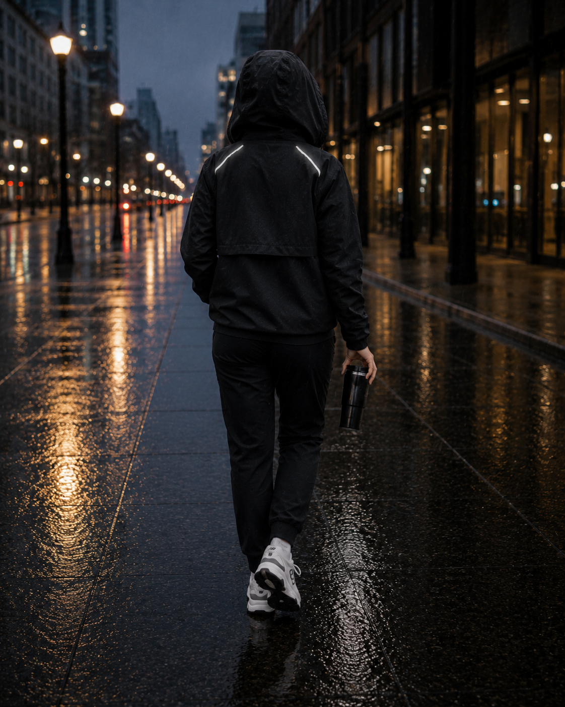 Person walking on a wet city street at night, wearing a black hooded jacket, black pants, white sneakers, holding a black thermos.