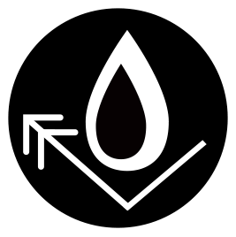 A black circle with a white droplet symbol inside and an arrow pointing downward.
