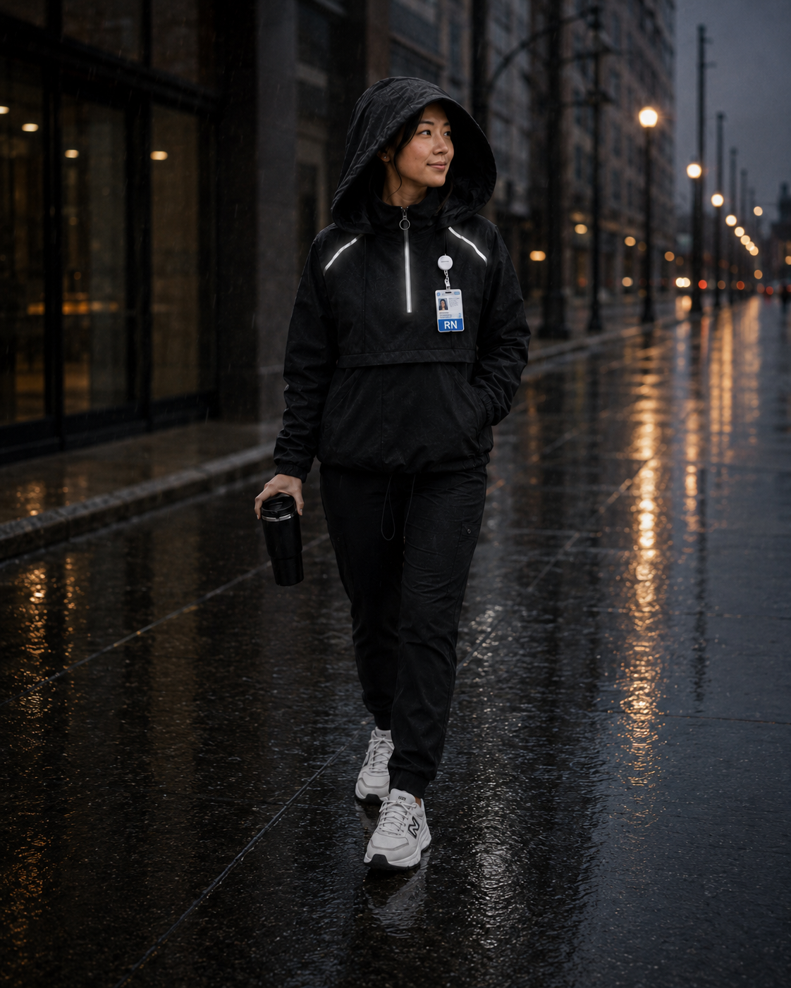 A woman in black rain gear walking on a wet city street at night, holding a travel mug, with city lights reflected on the wet pavement.