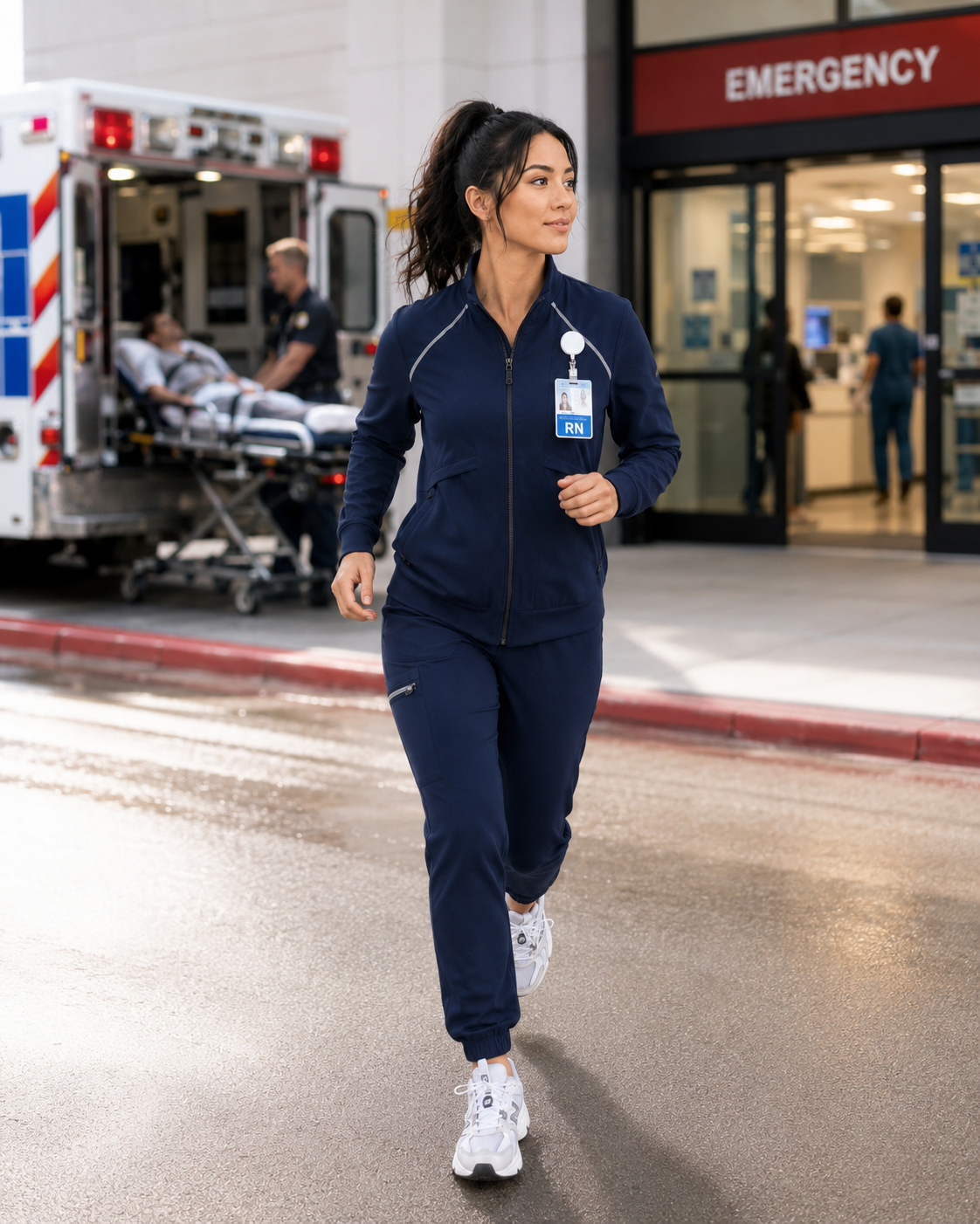 A female nurse or paramedic wearing navy blue scrubs with a badge, walking out of a hospital emergency department. An ambulance with a patient on a stretcher is in the background.