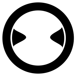 Black and white circular logo with stylized eyes or abstract shapes inside