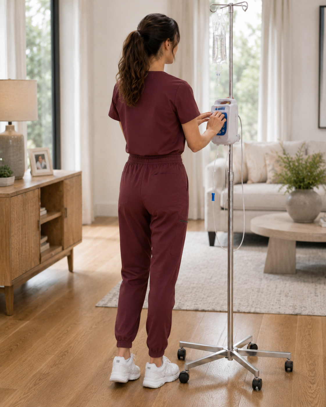A nurse adjusting a portable IV pump connected to a stand in a living room with wooden floors, a wooden sideboard with a framed photo and potted plant, a sofa, and large windows with curtains.