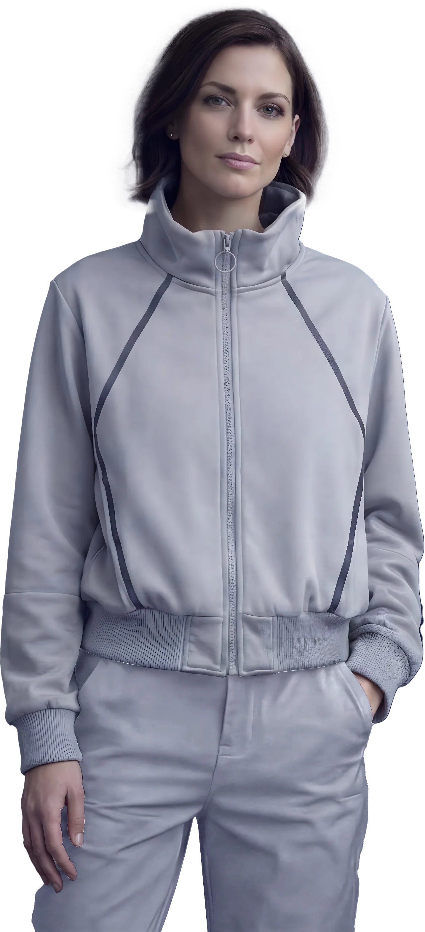 Woman wearing light gray athletic jacket with dark gray piping and matching sweatpants, posing with one hand in pocket against a dark background.