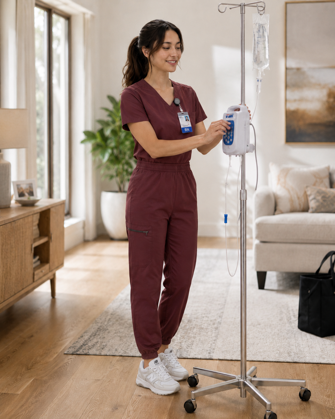 A nurse in maroon scrubs adjusts an IV infusion pump attached to an IV stand in a living room with a sofa, a side table, and a large window.