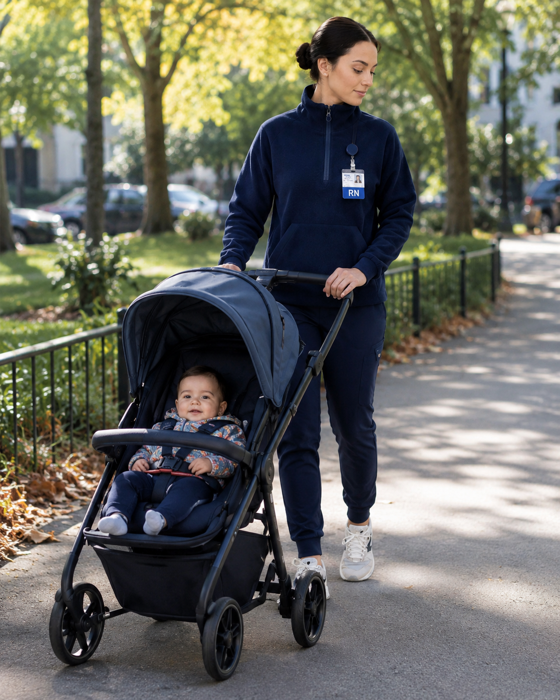 A nurse wearing a navy blue uniform and RN badge pushes a stroller with a smiling baby in a park on a sunny day, with trees and parked cars in the background.