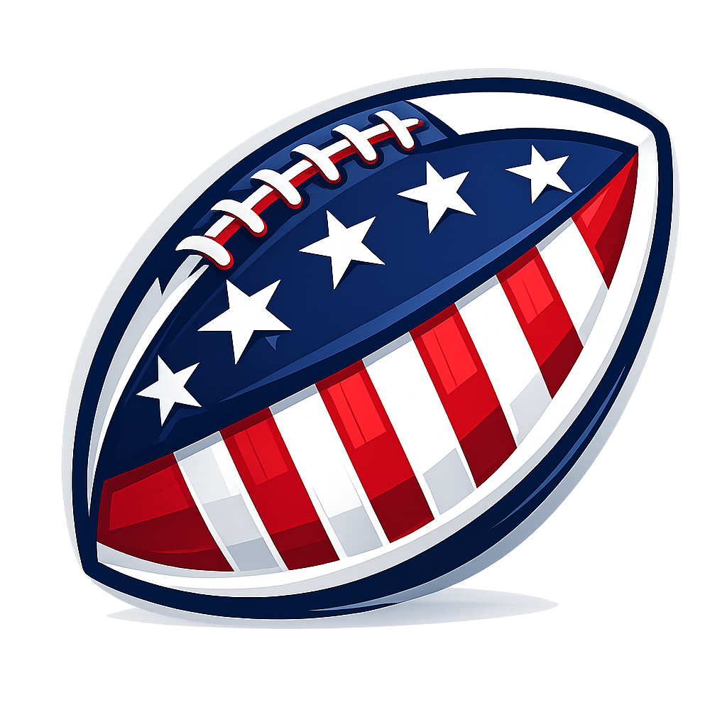 Illustration of a football decorated with the American flag pattern, featuring red and white stripes and white stars on a blue background.