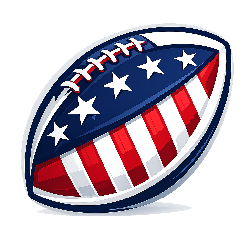 Illustration of an American football decorated with the American flag pattern, featuring stars and red and white stripes.