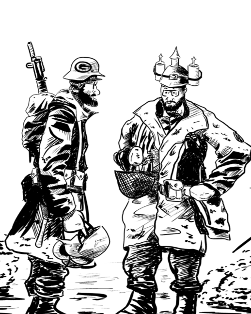 Black and white illustration of two soldiers in winter military uniforms, drawn in Bill Mauldin art style standing and talking.