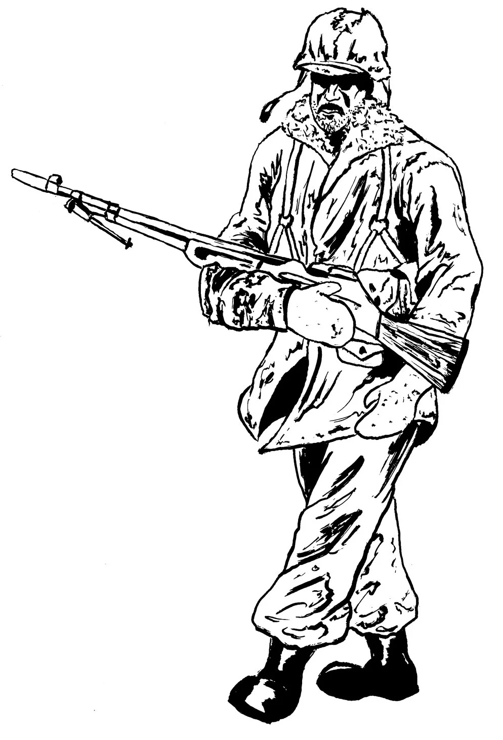 Black and white illustration of a soldier or Marine in military uniform holding a machine gun.