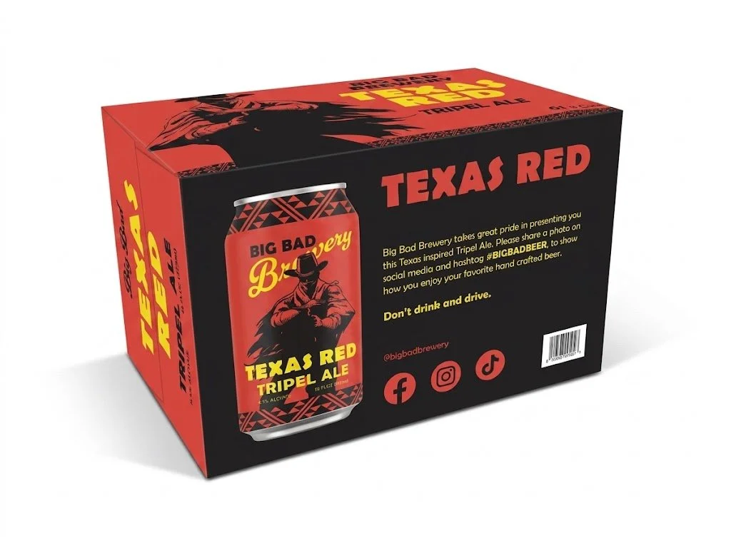 Craft beer can, box, and  barbeque takeout tray prototype, packaging design, hand drawn illustrations, western and southern themed.