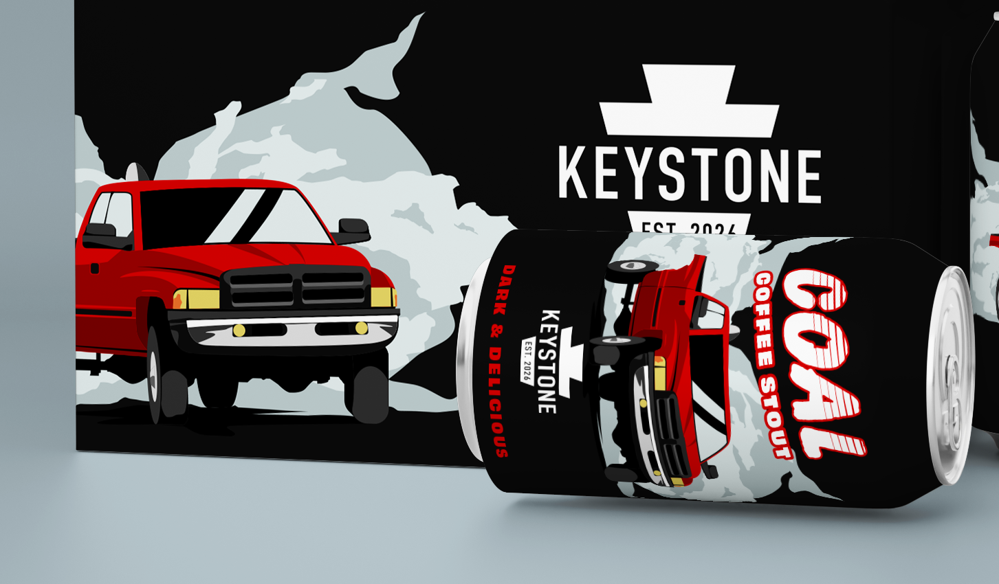 A poster featuring a red pickup truck illustration and a can of Goall coffee stout with similar truck artwork, with the text 'Keystone' and 'Coffee's Delicious' on the can, and a background with gray clouds and the 'Keystone' logo.