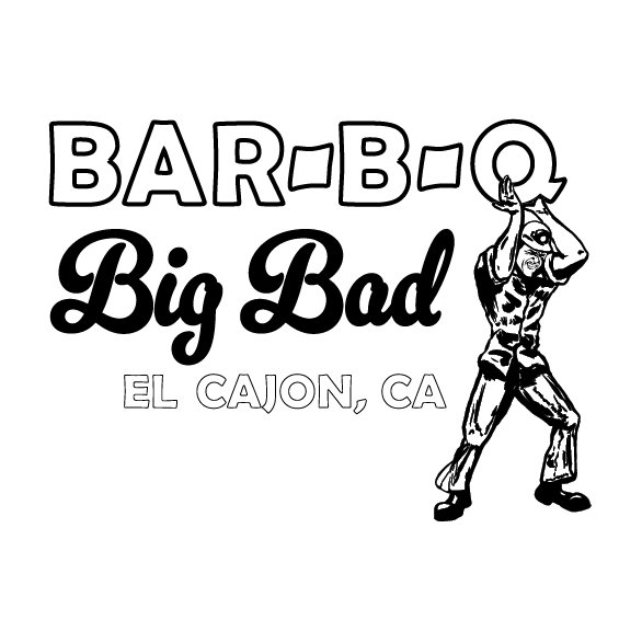 Logo for Big Bad BBQ in El Cajon, California with stylized text and a cartoon pig character wearing a jacket, jeans, and sunglasses, raising one arm.