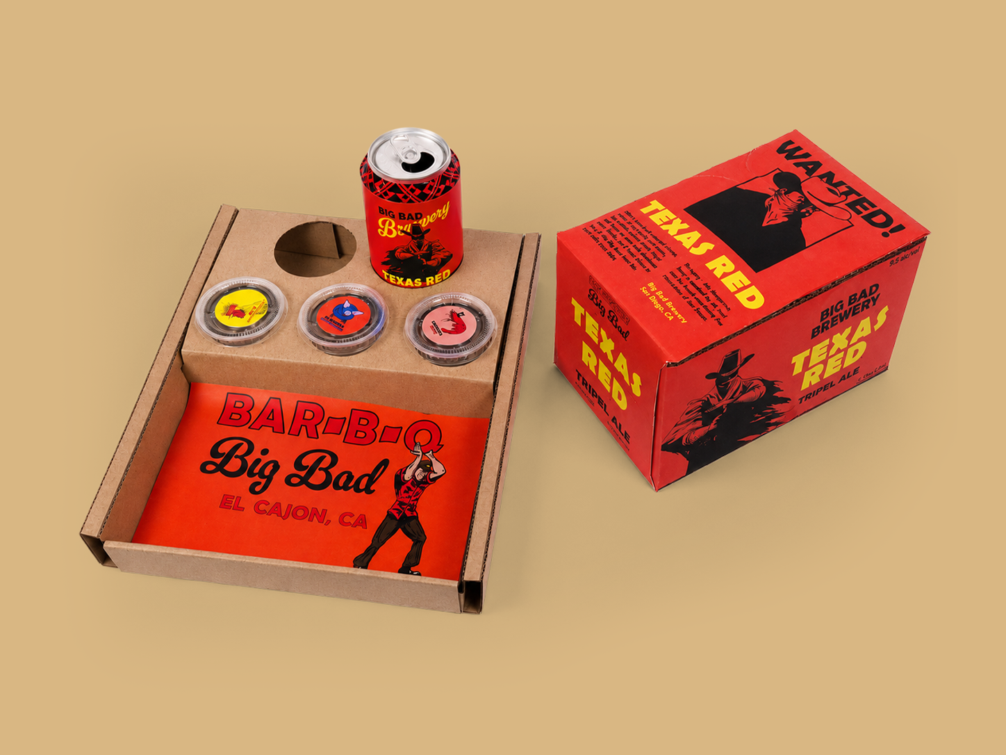Craft beer can, box, and  barbeque takeout tray prototype, packaging design, hand drawn illustrations, western and southern themed.
