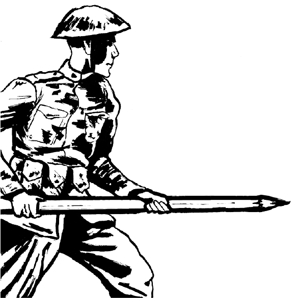 Black and white illustration of a soldier holding a pencil as a weapon.