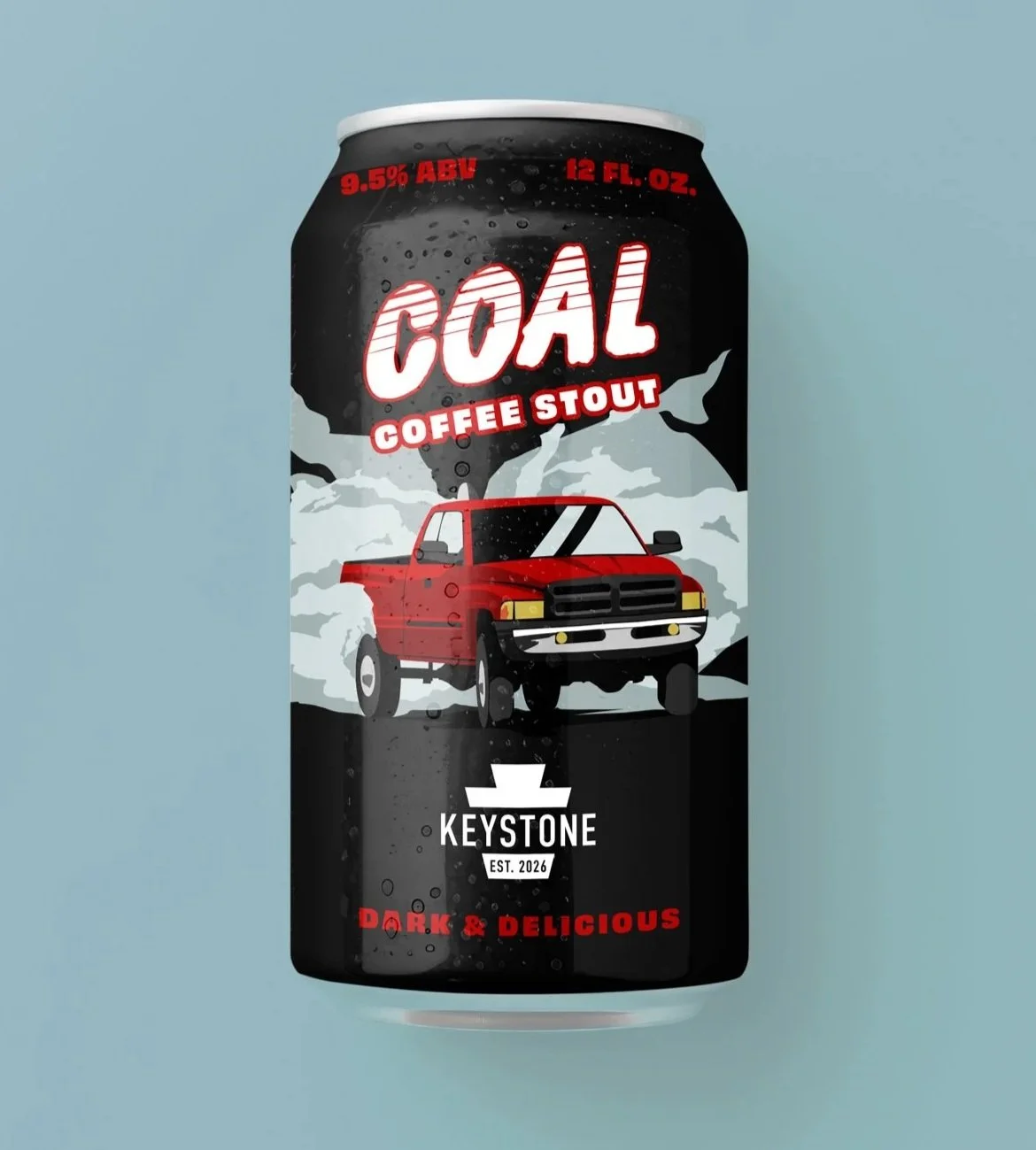 Craft Beer coffee stout label designed with a 12 Valve 2nd Gen Cummins doing a burnout