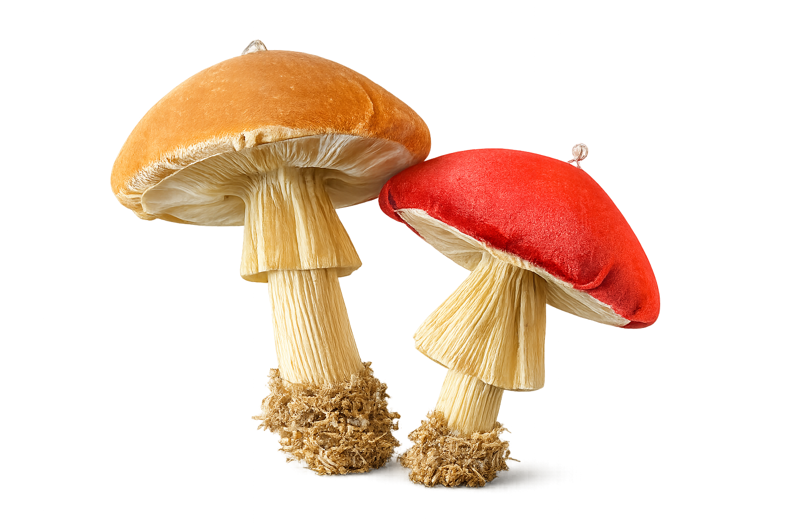 Two mushrooms, one with a beige cap and the other with a red cap, both with thick stems and dirt at the base, isolated on a background.