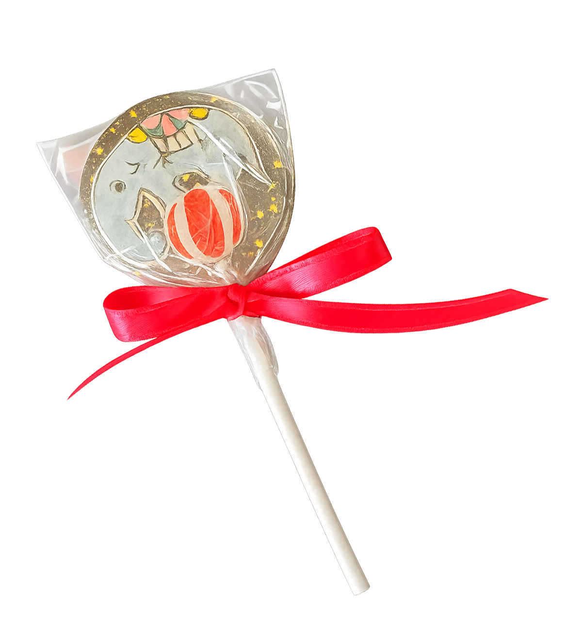 Lollipop with an animated elephant, wrapped in plastic with a red ribbon.