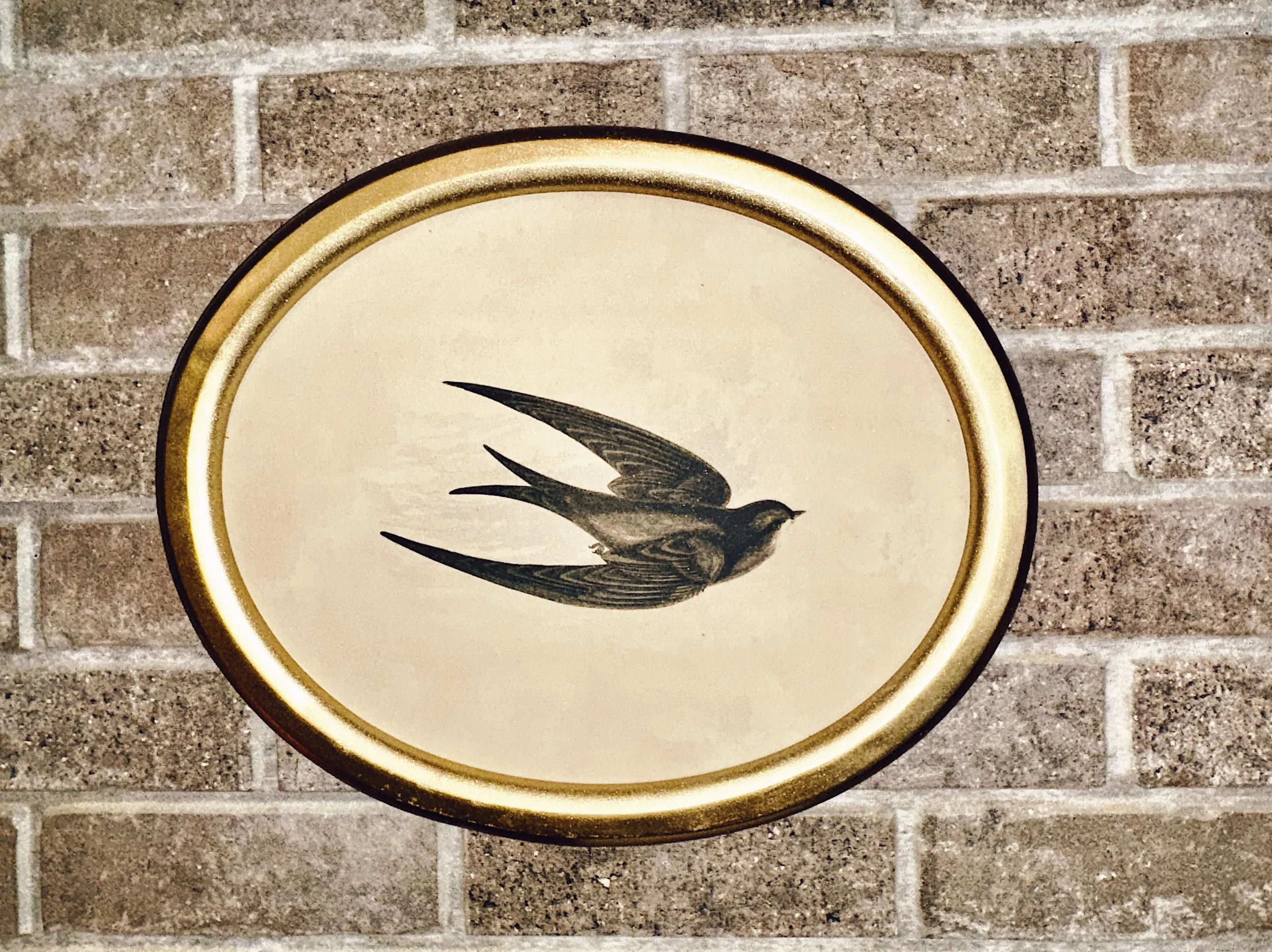 Close-up of a decorative wall clock with a black bird illustration on the face, gold-colored rim, and a brick wall background.