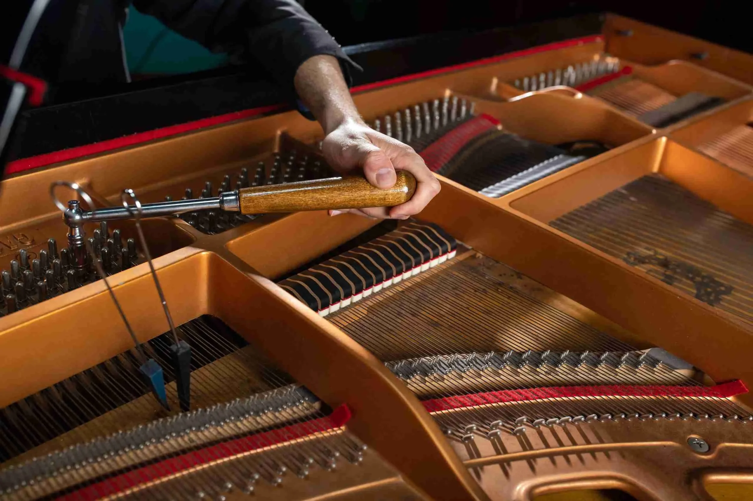 A person tuning the strings inside a grand piano with a tuning hammer.