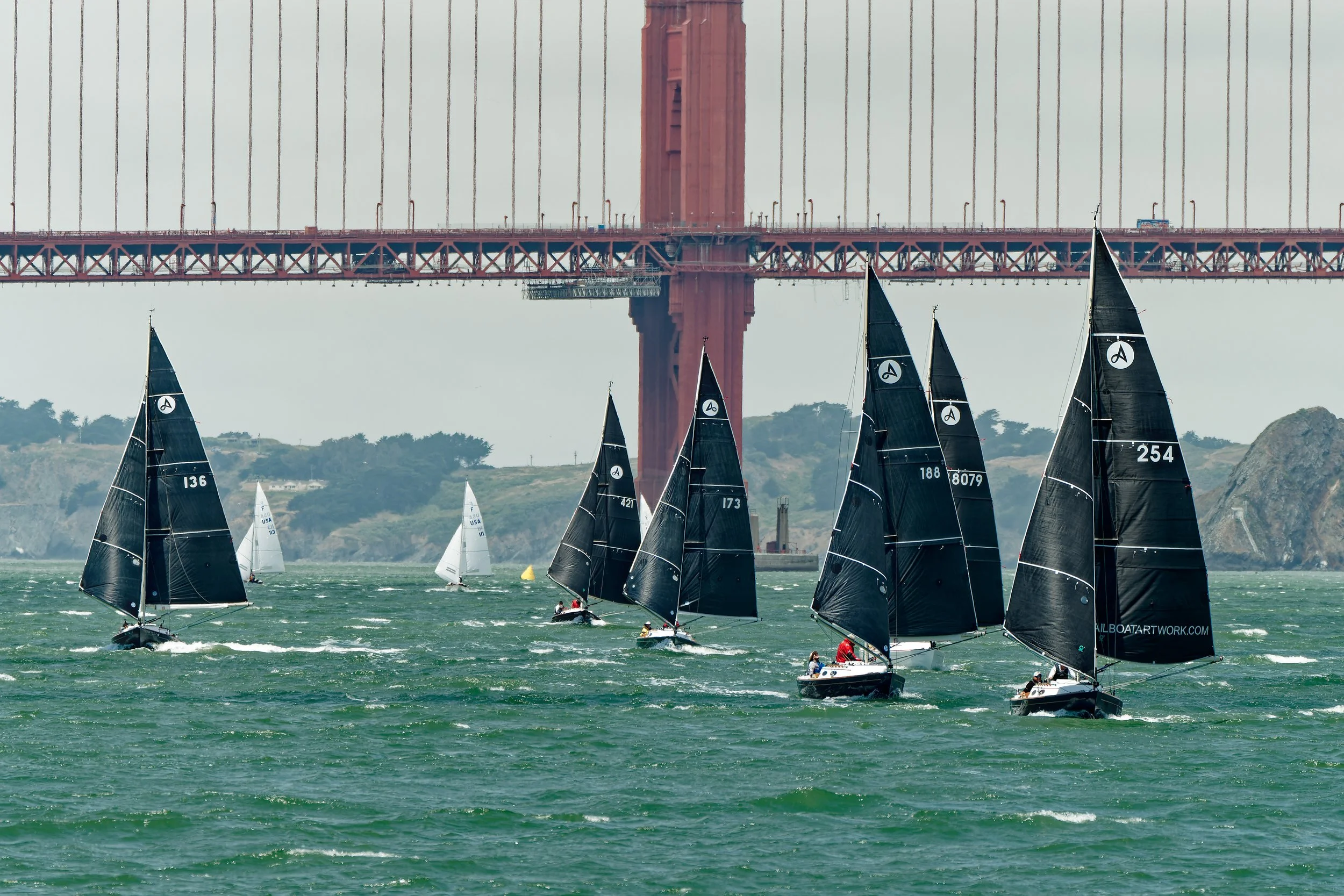 Alerion 28 sailboats participating in a race on the water with the Golden Gate Bridge in the background.