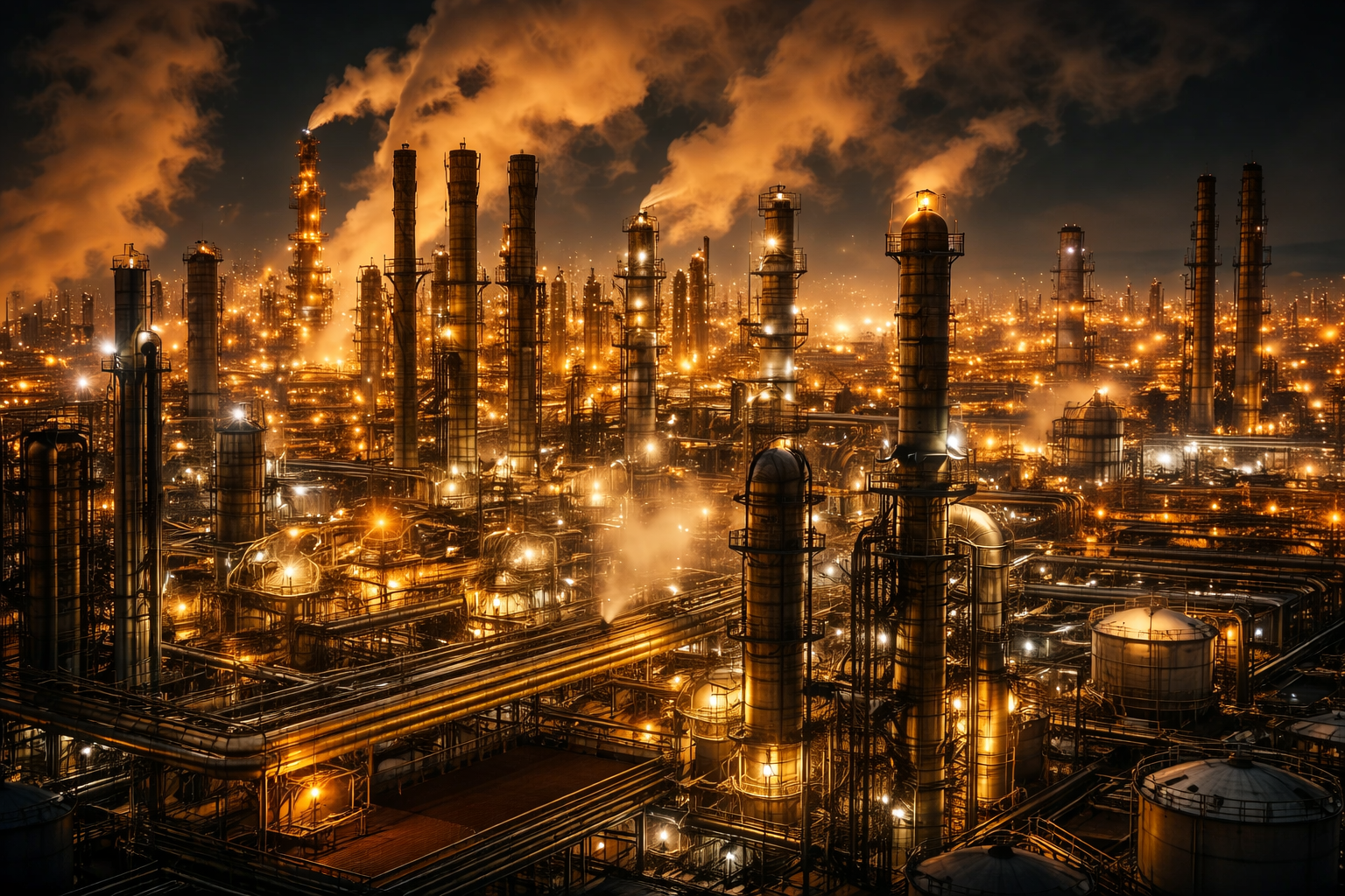 Night view of a large industrial oil refinery with numerous tall smokestacks emitting smoke and bright industrial lights illuminating the scene.