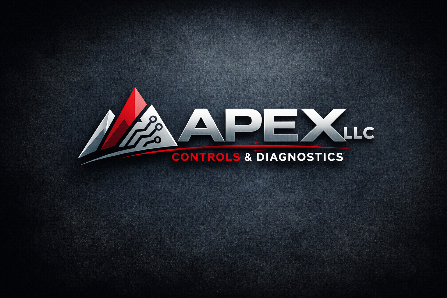 Logo for APEX LLC Controls & Diagnostics with a stylized mountain and circuit design in red, white, black, and gray on a dark textured background.