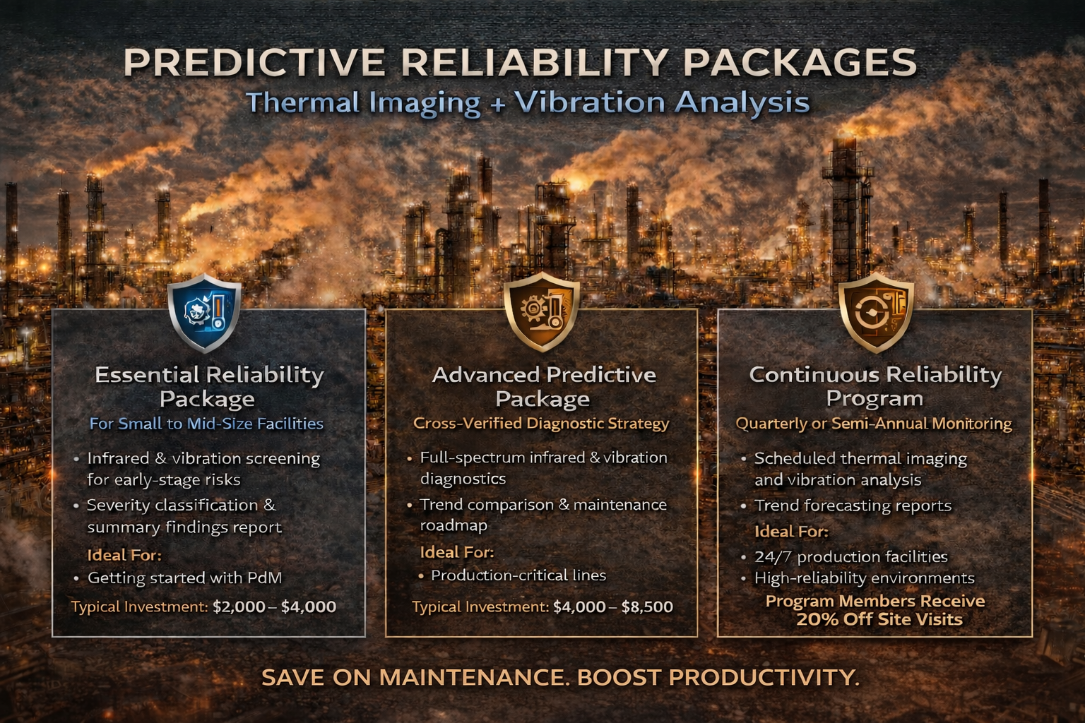 A marketing infographic showcasing three packages of predictive reliability services against a backdrop of an industrial factory with smoke emissions. The packages include Essential Reliability Package for small to mid-size facilities, advanced Predictive Package with diagnostic strategy, and Continuous Reliability Program for regular monitoring, each with details on features, ideal applications, and costs.