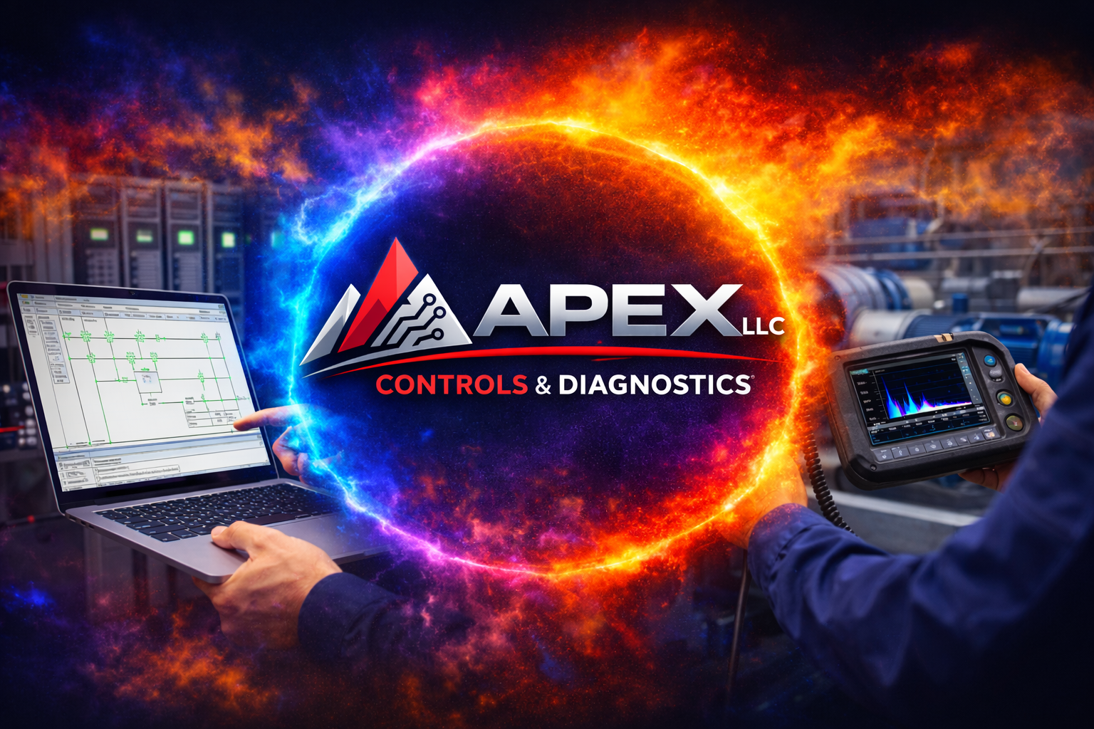 Digital control systems and diagnostic tools beside company logo, with a background of electronic server racks and a vibrant, fiery cosmic effect.