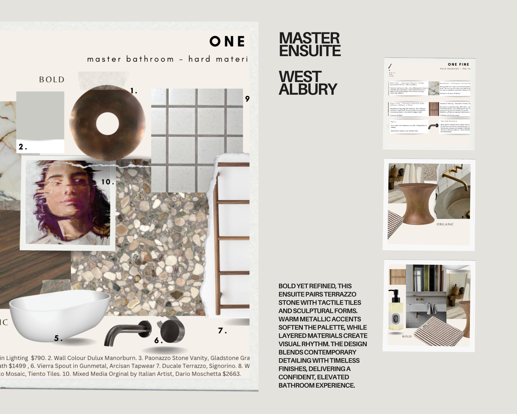 A collage of bathroom materials including tiles, a vanity, a bathtub, a faucet, a rounded sink, a black circular knob, a photo of a person, and a centerpiece sculpture. Text overlays describe the design elements and materials for a modern bathroom renovation.