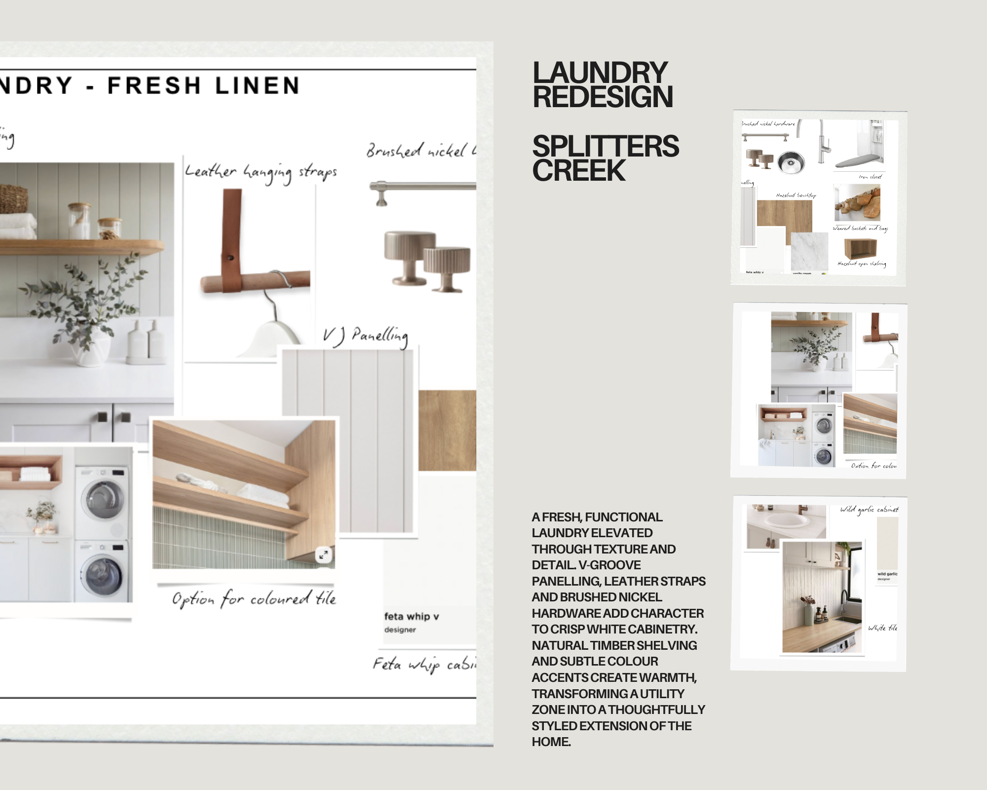 Design board showcasing a modern laundry room redesign with white cabinetry, wooden accents, and vintage hardware. Contains images of cabinetry, hardware options, and color swatches with notes on textures and finishes.